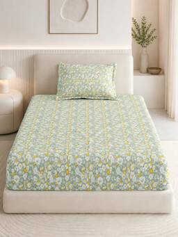 Haus & Kinder - Grey Cotton 186 Tc Single Fitted Bedsheet Silver Meadow Bloom