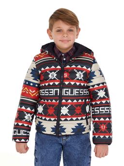 Guess - Boys Navy Blue Printed Hooded Puffer Reversible Jacket