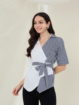 StyleStone - Women Navy Blue-White Striped Color Block Wrap Shirt
