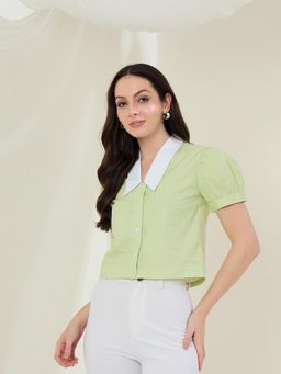 StyleStone - Women Lime Green Check Pointed White Collar Shirt