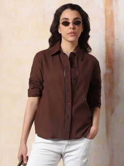 High Star - Women Oversized Fit Opaque Cotton Textured Casual Shirt