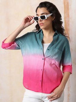High Star - Women Boxy Fit Textured Pure Cotton Dip Dye Casual Shirt