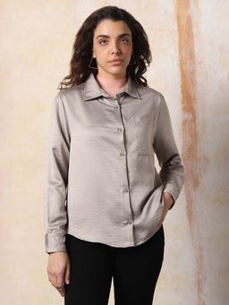 High Star - Women Comfort Boxy Opaque Textured Satin Casual Shirt