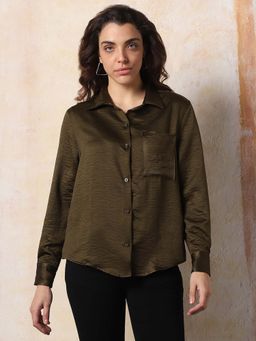 High Star - Women Comfort Boxy Opaque Textured Satin Casual Shirt