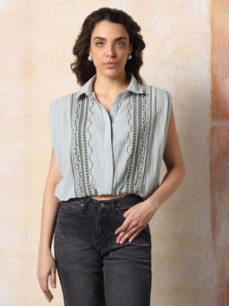 High Star - Women Comfort Floral Opaque Embroidered extanded shoulder Casual Shirt