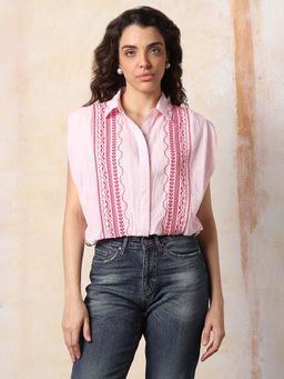 High Star - Women Comfort Floral Opaque Embroidered extanded shoulder Casual Shirt