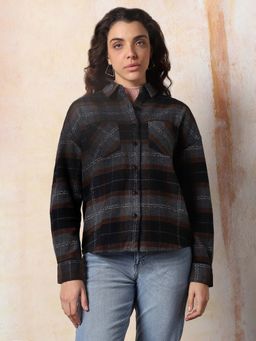 High Star - Women Oversized Spread Collar Full Sleeve Checked Multi-Color Shirt