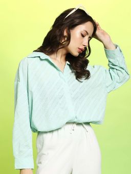 PINACOLADA - Women Mint Green Embroidered Stripe Oversized Shirt