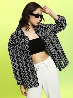 PINACOLADA - Women Obsidian Black Embroidered Geometric Oversized Shirt