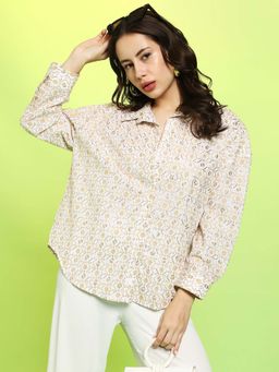 PINACOLADA - Women Off-White Buff Beige Embroidered Geometric Oversized Shirt