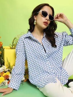 PINACOLADA - Women Chalk White Prussian Blue Embroidered Check Oversized Shirt