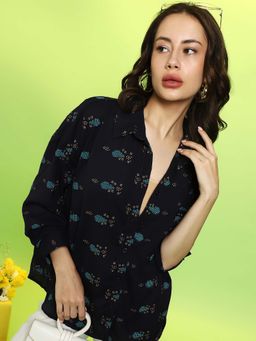 PINACOLADA - Women Midnight Black Printed Oversized Shirt
