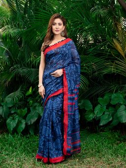 Beatitude - Blue Red Floral Saree with Unstitched Blouse