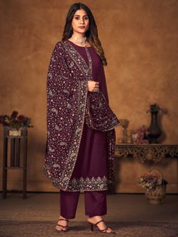 Stylee LIFESTYLE - Wine Georgette Embroidered Dress Material (Set of 3)