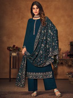 Stylee LIFESTYLE - Teal Georgette Embroidered Dress Material (Set of 3)