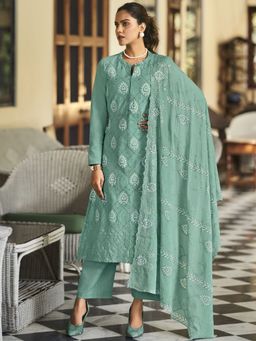 Stylee LIFESTYLE - Turquoise Cotton Embroidered Dress Material (Set of 3)