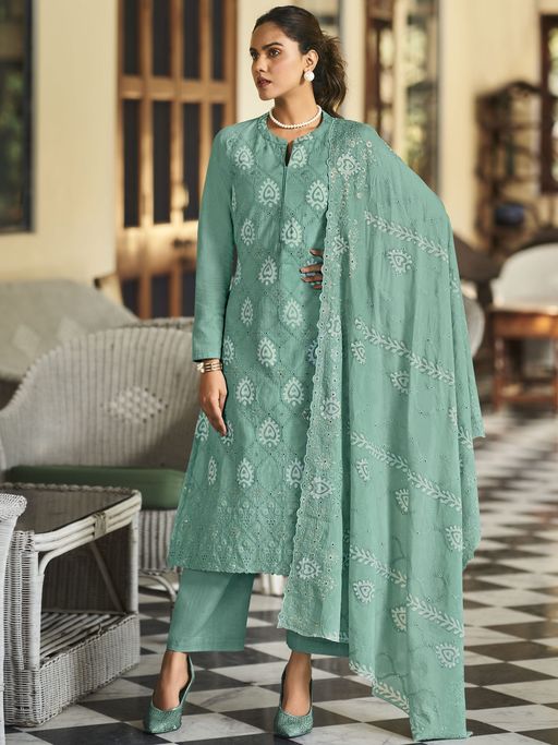 Buy Stylee LIFESTYLE Turquoise Cotton Embroidered Dress Material (Set of 3)  Online