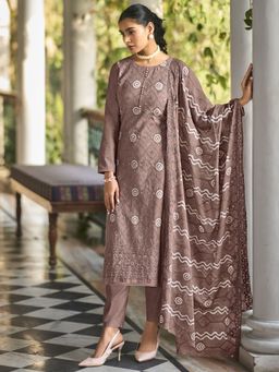 Stylee LIFESTYLE - Brown Cotton Embroidered Dress Material (Set of 3)