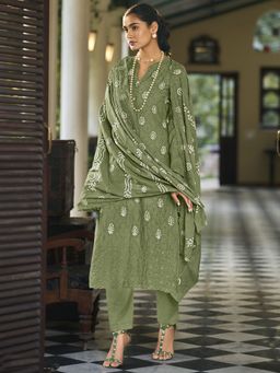 Stylee LIFESTYLE - Olive Green Cotton Embroidered Dress Material (Set of 3)