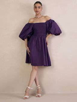 Femmella - Purple Solid Poplin Smocked Dress