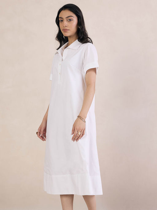 knee length dresses for ladies Collared White Button Front Midi Dress - All Dresses