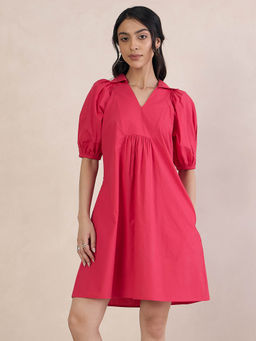 Femmella - Pink Solid Poplin V-Neck Mini Dress