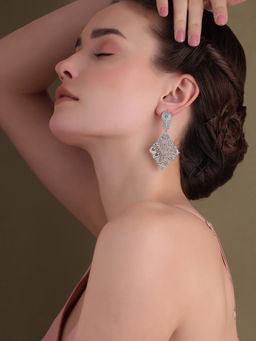 Shaze - Silver Rhodium-Plated Cubic Zirconia Triangle Leaf Drop Earrings for Women