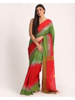 Angoshobha - Green & Red Cotton Blend Handloom Jamdani Saree with Unstitched Blouse