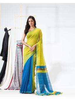 Angoshobha - Lemon Green Cotton Blend Festive Handloom Saree with Unstitched Blouse