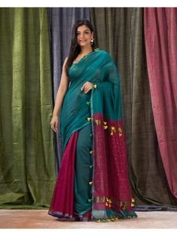 Angoshobha - Cotton Blend Teal Handloom Saree with Unstitched Blouse