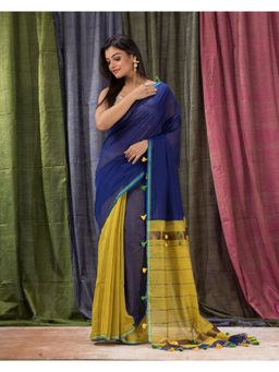 Angoshobha - Cotton Blend Royal Blue Handloom Saree with Unstitched Blouse