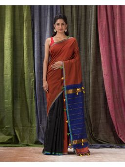 Angoshobha - Cotton Blend Red Handloom Saree with Unstitched Blouse