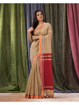 Angoshobha - Cotton Blend Beige Handloom Saree with Unstitched Blouse
