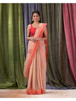 Angoshobha - Peach Cotton Blend Traditional Jamdani Saree with Unstitched Blouse