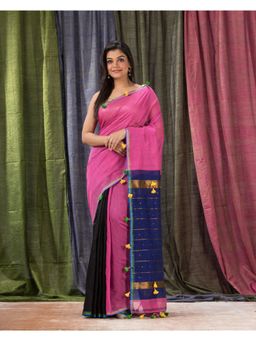 Angoshobha - Cotton Blend Pink Handloom Saree with Unstitched Blouse