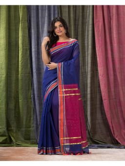 Angoshobha - Cotton Blend Royal Blue Handloom Saree with Unstitched Blouse