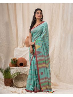 Angoshobha - Turquoise Handwoven Cotton Jamdani Saree with Unstitched Blouse