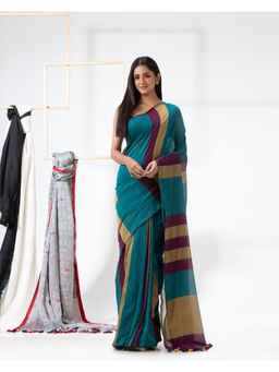 Angoshobha - Teal Handloom Bengal Cotton Saree with Unstitched Blouse