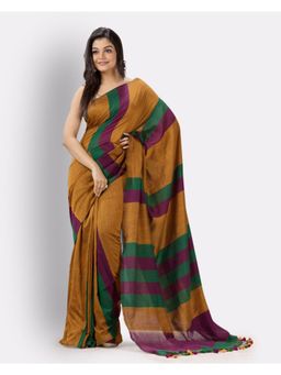 Angoshobha - Dark Orange Handloom Bengal Cotton Saree with Unstitched Blouse