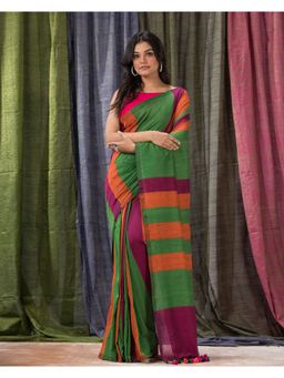 Angoshobha - Green Handloom Bengal Cotton Saree with Unstitched Blouse