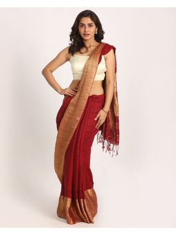 Angoshobha - Maroon Traditional Handloom Linen Saree with Unstitched Blouse