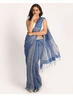 Angoshobha - Royal Blue Stripes Traditional Handloom Linen Saree with Unstitched Blouse