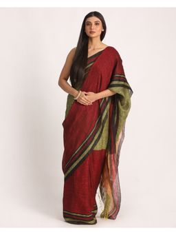 Angoshobha - Maroon Lime Traditional Handloom Linen Saree with Unstitched Blouse