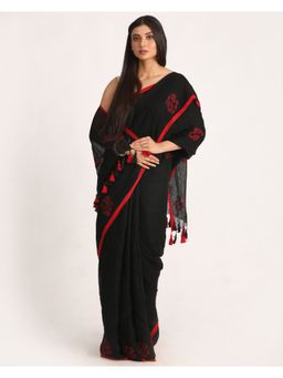 Angoshobha - Black Traditional Handloom Linen Jamdani Saree with Unstitched Blouse