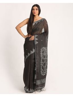 Angoshobha - Black Traditional Handloom Linen Jamdani Saree with Unstitched Blouse