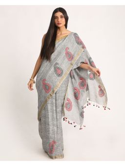Angoshobha - Grey Traditional Handloom Linen Jamdani Saree with Unstitched Blouse