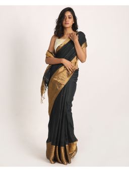 Angoshobha - Middle Black Traditional Handloom Linen Saree with Unstitched Blouse