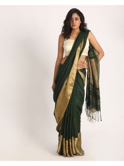 Angoshobha - Dark Green Traditional Handloom Linen Saree with Unstitched Blouse