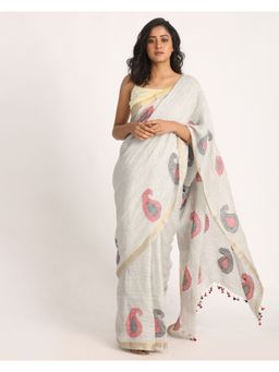 Angoshobha - Grey Traditional Handloom Linen Jamdani Saree with Unstitched Blouse