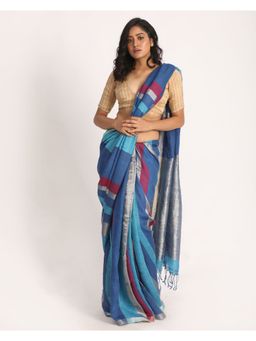 Angoshobha - Blue Traditional Handloom Stripes Linen Saree with Unstitched Blouse